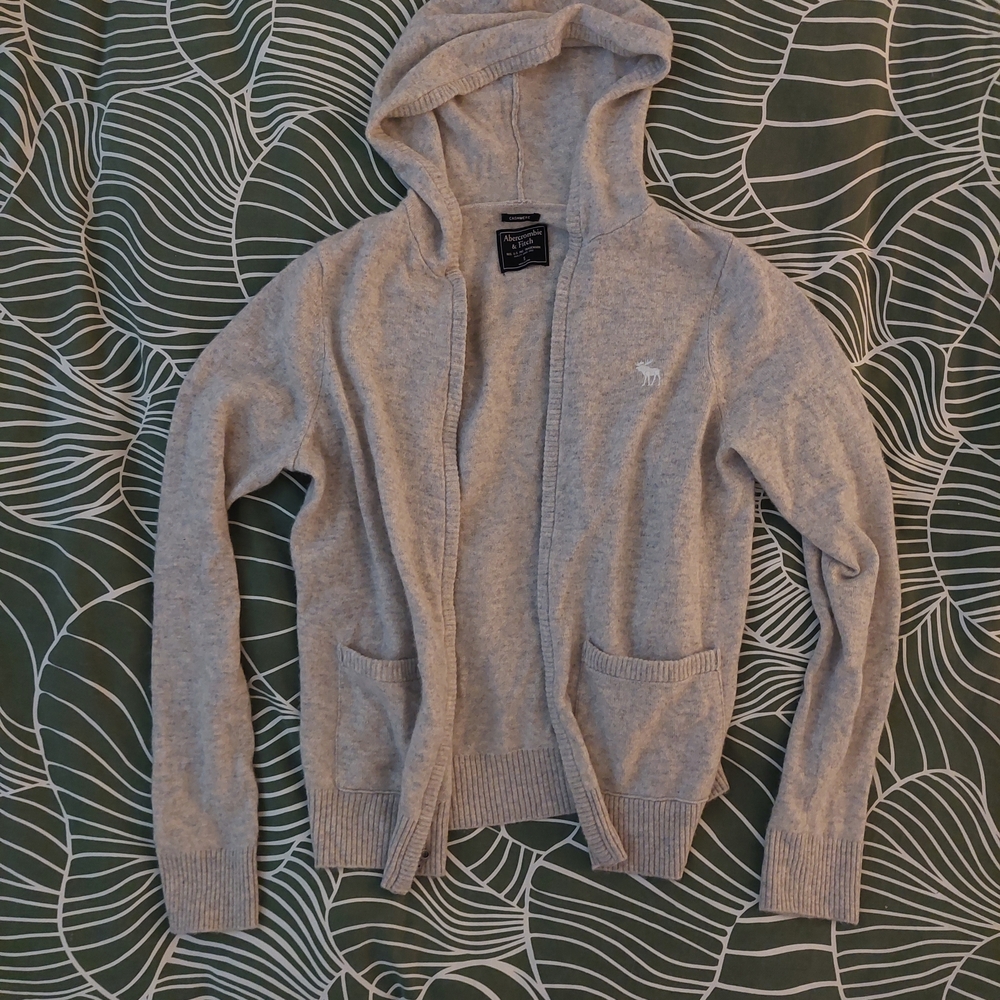 100% Cashmere Cream Abercrombie & Fitch Hooded Zip Hoodie With Pockets